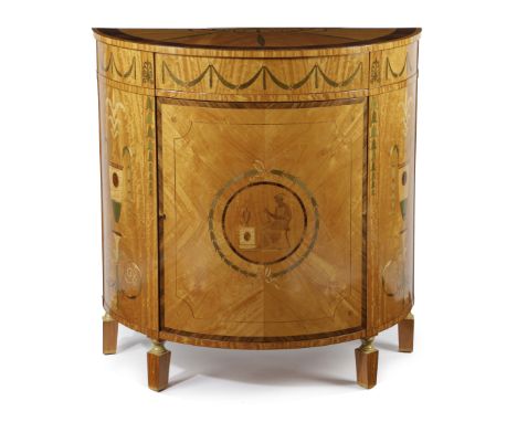 λ A SATINWOOD AND MARQUETRY DEMI-LUNE COMMODE IN GEORGE III STYLE SECOND HALF 20TH CENTURY with rosewood crossbanding and inl