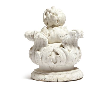 A CARVED AND PAINTED WOOD CROWN FINIAL POSSIBLY 18TH CENTURY the central bud flanked by acanthus leaves 24.2cm high, 19cm wid