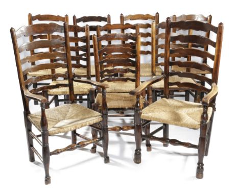 A HARLEQUIN SET OF TEN LANCASHIRE ASH LADDER BACK DINING CHAIRS LATE 18TH / EARLY 19TH CENTURY each with a rush seat, compris