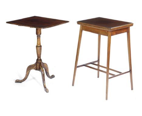 A MAHOGANY TRIPOD OCCASIONAL TABLE with a square tilt-top, on a vase turned stem, together with an Edwardian mahogany card ta