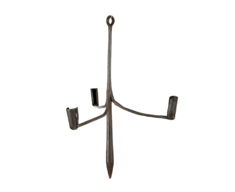 A WROUGHT IRON HANGING LIGHT 17TH CENTURY with three candleholders 49cm high, 41.5cm wide