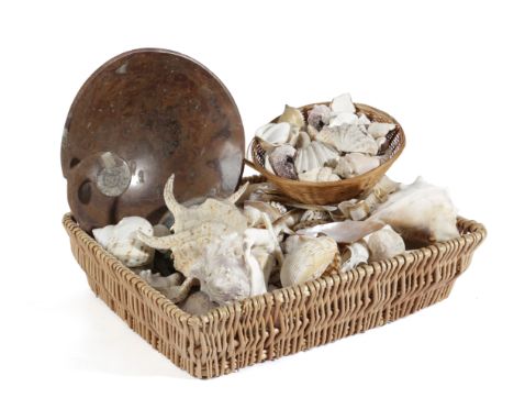 A COLLECTION OF SEASHELLS contained in two wicker baskets, together with a fossil stone / marble bowl (A lot) Provenance From