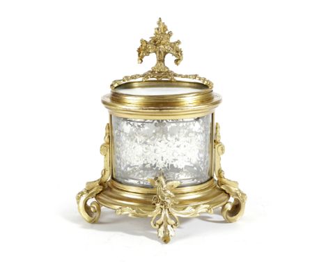 A FRENCH ORMOLU AND GLASS OVAL JEWELLERY CASKET BY PROSPER ROUSSEL, LATE 19TH CENTURY the hinged lid with a floral finial, th