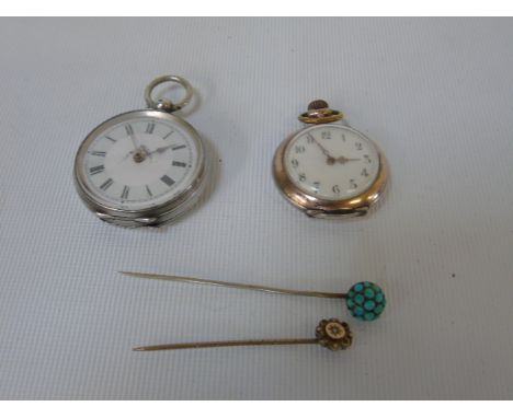 Silver cased enamel faced fob watch and a bi-metal enamel faced fob watch together with a gold stick pin + 1
