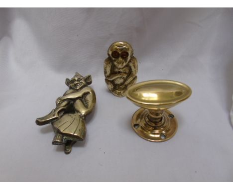 Brass pixie door knocker, door handle and monkey pot