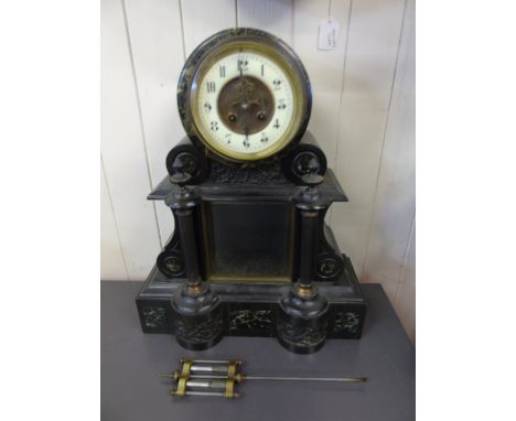 Ornate Victorian marble and slate mantle clock with open escapement and enamel dial with open mercury pendulum