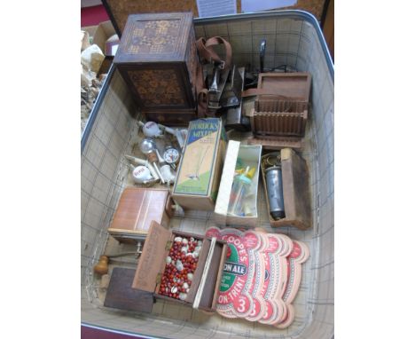 Vintage green case of intesting items to include oriental box, coffee grinder etc