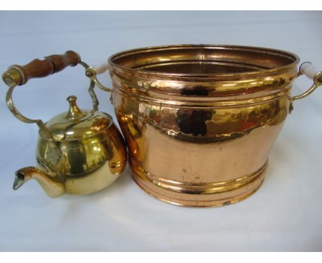 Brass tea pot and a copper planter