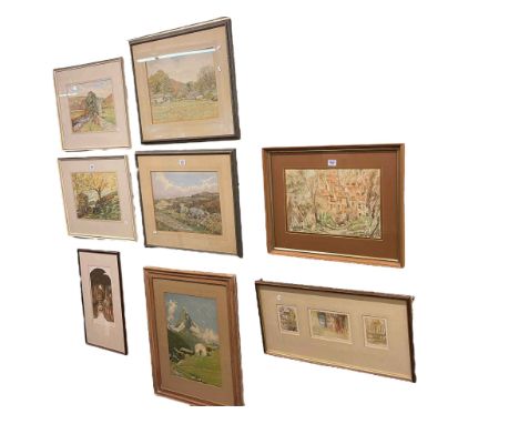 Collection of five framed landscape watercolours, John Degnan, three prints framed as one, limited edition print and alpine p