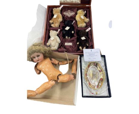 Steiff UK Baby Bears 1989-1993, boxed set with COA, Royal Crown Derby Imari Melbourne tray and a vintage doll.