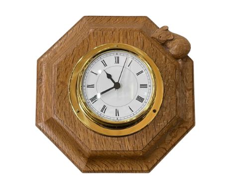 Robert Thompson of Kilburn 'Mouseman' octagonal wall barometer, 21cm wide, together with ships style clock (2).