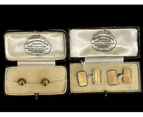 Boxed pair of 9 carat gold engine-turned cufflinks and two 9 carat gold collar studs.