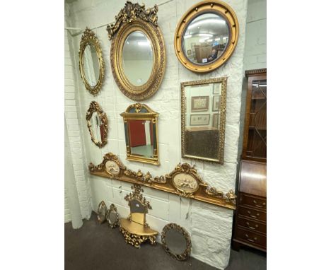 Collection of ten various gilt framed mirrors, pair gilt and winged cherub cornices and gilt wall shelf.