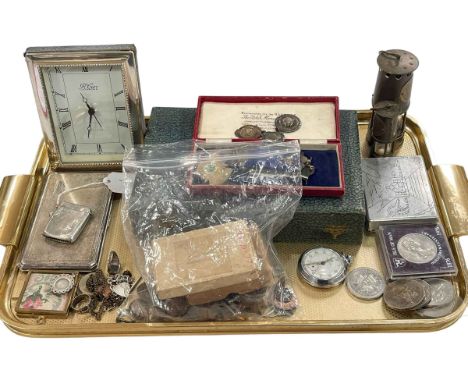 Carrs silver photograph frame, silver vesta, Masonic silver enamel jewels, medals, coins, two small replica miners lamps, etc