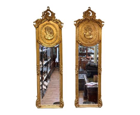 Pair rectangular gilt framed lady portrait bevelled wall mirrors, 176cm by 53cm.