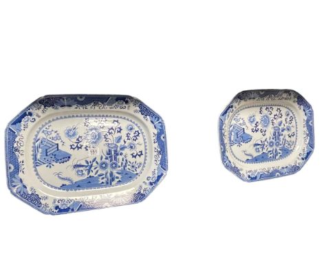 Pair of early blue and white Spode meat plates, 44cm by 32cm.