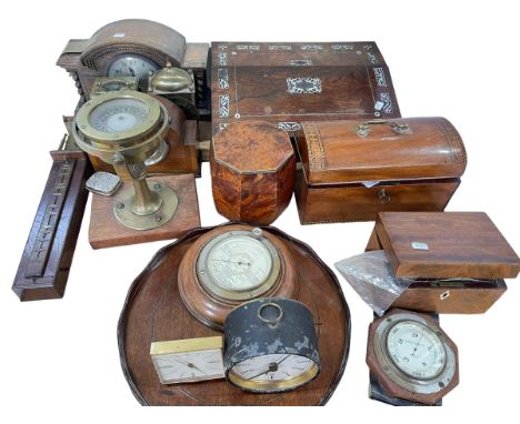 Victorian marquetry inlaid caddy, inlaid mother of pearl writing slope, burr walnut caddy, clocks, barometers, inlaid tray, e
