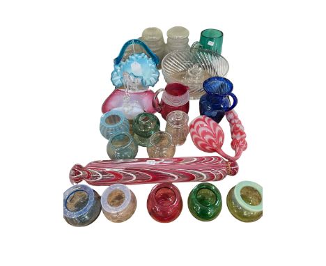 Collection of coloured glass including rolling pin, pipe, etc.