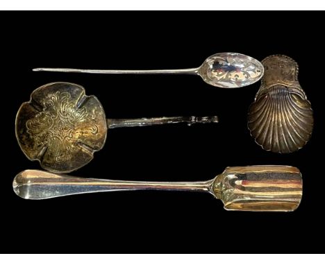 18th Century silver mote spoon, silver caddy spoon, Sheffield 1781, and two other silver spoons (4).