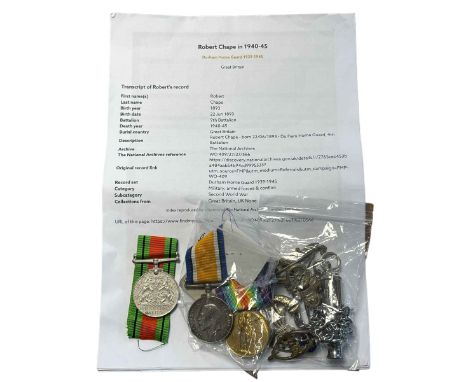 Two WWI medals awarded to 337117 GNR. R. Chape R. A, together with ARP whistle, sweetheart brooches, WWII defence medal and c