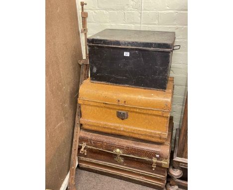 Three tin trunks, wall clock, two clamps and collection of pictures and mirror.