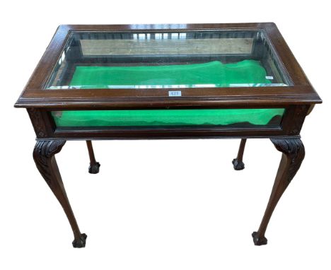 Chippendale style mahogany bijouterie table on carved cabriole legs to ball and claw feet, 74cm by 77cm by 46cm.