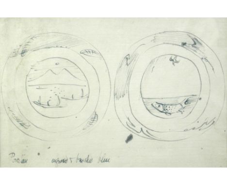 Bernard Leach (British, 1887-1979), two plate designs, 'Porcelain, engraved & brushed blue', one with three boats and a mount
