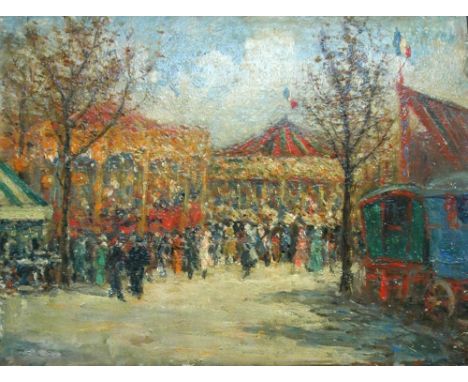 Cecil C P Lawson (British, exh.1913-1923) Revellers at an evening circus, a moonlit park and outside an opera house one signe