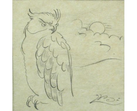 Bernard Leach (British, 1887-1979), Owl design, a pencil drawing on rice paper, signed lower right with backstamp to reverse 