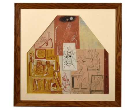 § H Augustus Lunn (British, 1905-1986) Sketch for a public commission, circa 1950 collage, watercolour, ink and chalks,with s