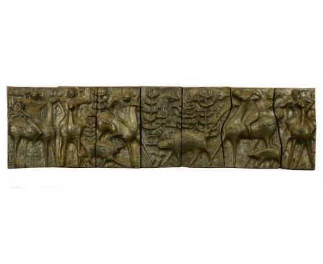 Seven mid 20th century fibreglass relief panels, fitting together to form a stylised boar hunting frieze, each approximately 