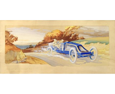 E Montaut (French, 20th Century) Grand Prix de L.A.C.F, 1907 - szisz sur voiture Renault signed lower left within the print "