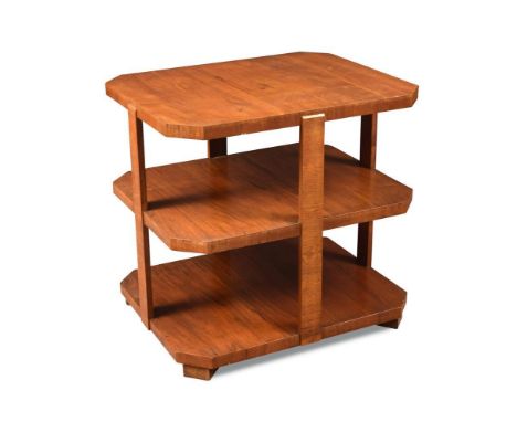 An Art Deco three tier occasional or book table, the canted rectangular base, shelf and top united by four rectangular sectio