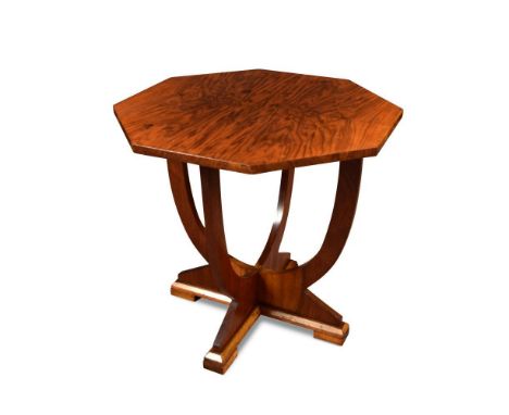 An Art Deco walnut lamp table, the octagonal top supported on twin U-shaped base and stepped feet, branded CC41 utility mark 