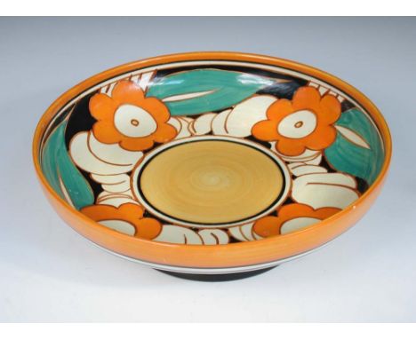 A Clarice Cliff Floreat pattern fruit bowl, the circular bowl raised on a spreading circular foot, printed marks 8 x 25½cm (3