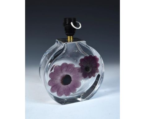 A Daum Coppelia pattern pate de verre glass table lamp base, the circular glass body with inset pate de verre purple flowers,