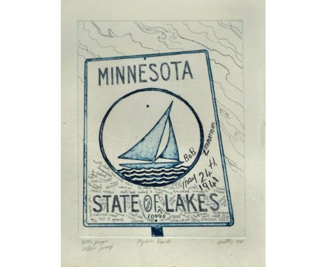 § David Oxtoby (British, b.1938) Bob Dylan / Minnesota State of Lakes "inscribed "Bob Zimmerman, May 24th 1941" and signed lo