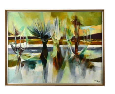 § Donald Pass (British, 1930-2010) Abstract landscape signed lower right "D Pass" oil on canvas 90 x 120cm (35 x 47in) Other 