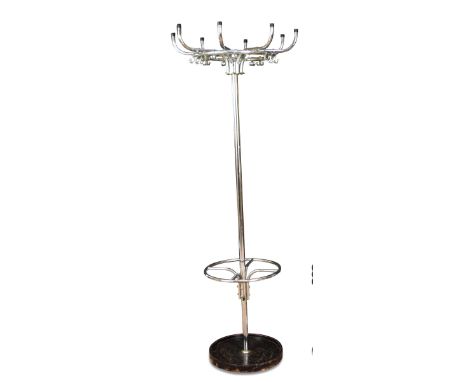 An Art Deco chrome coat stand, the top with eight branches and sixteen hooks to a circular column and stick hoop to a cast ir