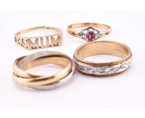 Three 9ct gold and gem set rings together with a 14ct gold Russian wedding band. The lot to include a hallmarked 9ct gold ete