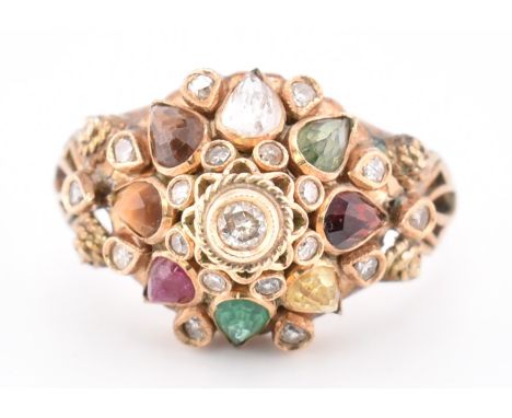 18ct gold and multi-gem set cluster ring. The ring set with diamond atop with a halo of diamonds surrounding gem set pear cut