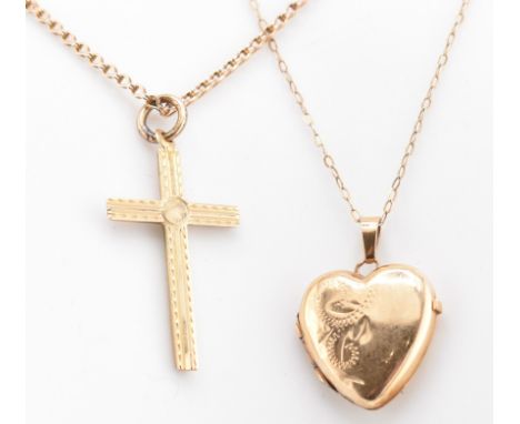 V Two hallmarked 9ct gold pendant necklaces. The lot to include a hallmarked 9ct yellow gold cross pendant strung on a yellow