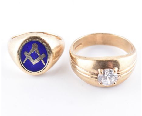 Two 9ct gold rings to include a monogram signet ring with flip masonic symbol, together with CZ set single stone ring. All ha