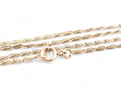 A 9ct gold fancy link chain necklace. The fancy link yellow gold chain necklace having a spring ring clasp fastener. Marked 9