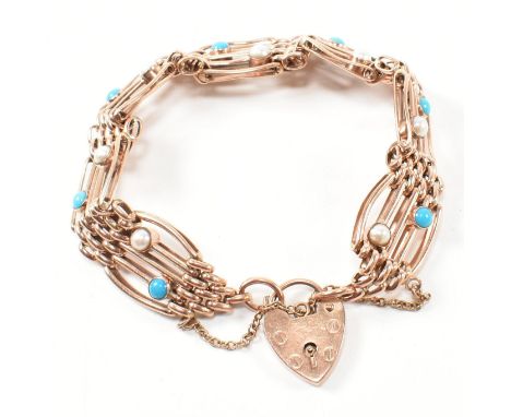 A hallmarked 9ct rose gold, pearl and turquoise gate link bracelet. The 9ct rose gold gate link bracelet having bezel set rou