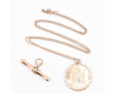 A hallmarked 9ct gold St Christopher pendant necklace and a T-bar pendant. The lot to include a hallmarked 9ct gold St Christ