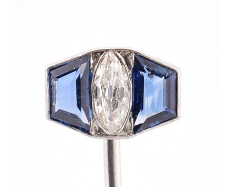 A sapphire and diamond stick pin. The white gold stick pin having a head set with a central marquise cut diamond flanked by s