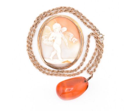 A cameo brooch pin and an amber pendant necklace. The lot to include a gold mounted cameo brooch pin with hinge pin and c-cla