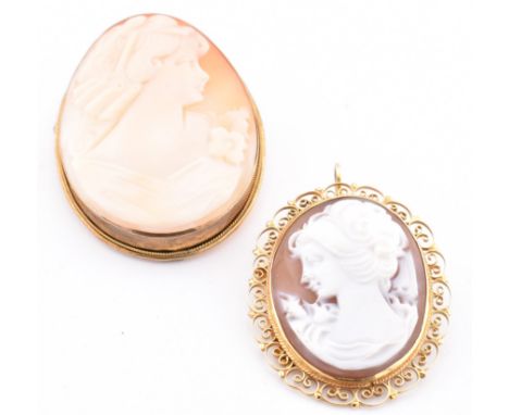 A hallmarked 9ct gold cameo brooch pin and a silver gilt other. The lot to include a hallmarked 9ct gold cameo brooch pin wit