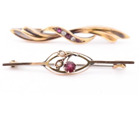 A 15ct gold, ruby and diamond brooch pin together with a 9ct gold, pearl and garnet brooch pin. The brooches to include a 15c
